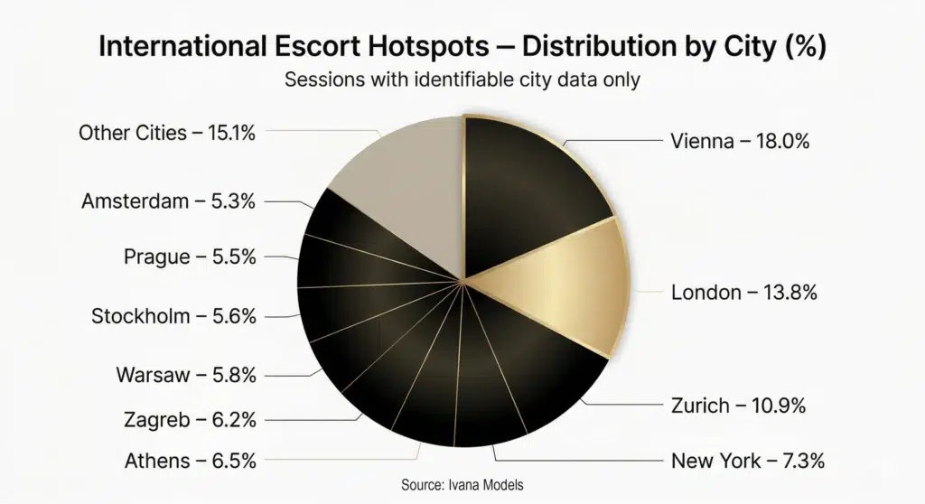 Pie chart showing international escort hotspots by city excluding unknown locations with Vienna London Zurich and other major cities by percentage share