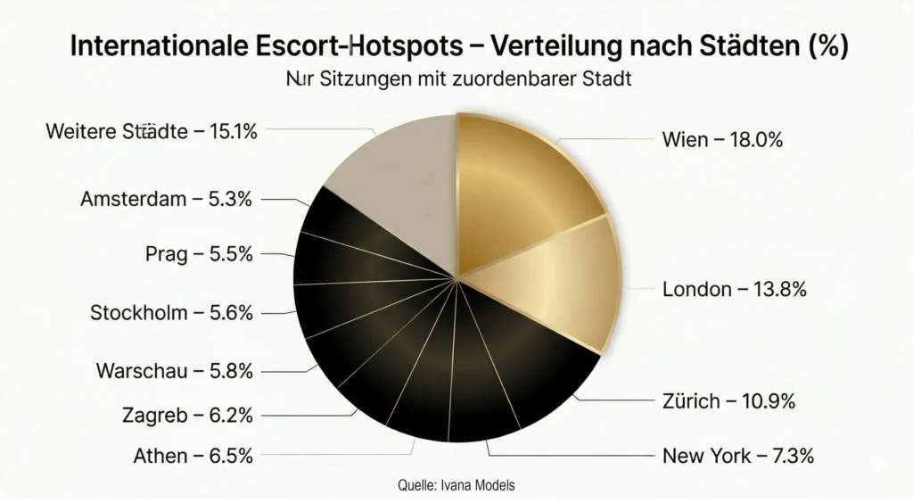 Kreisdiagramm internationaler Escort Hotspots nach Städten ohne Not Set mit Wien London Zürich und weiteren Großstädten nach Prozentanteil
